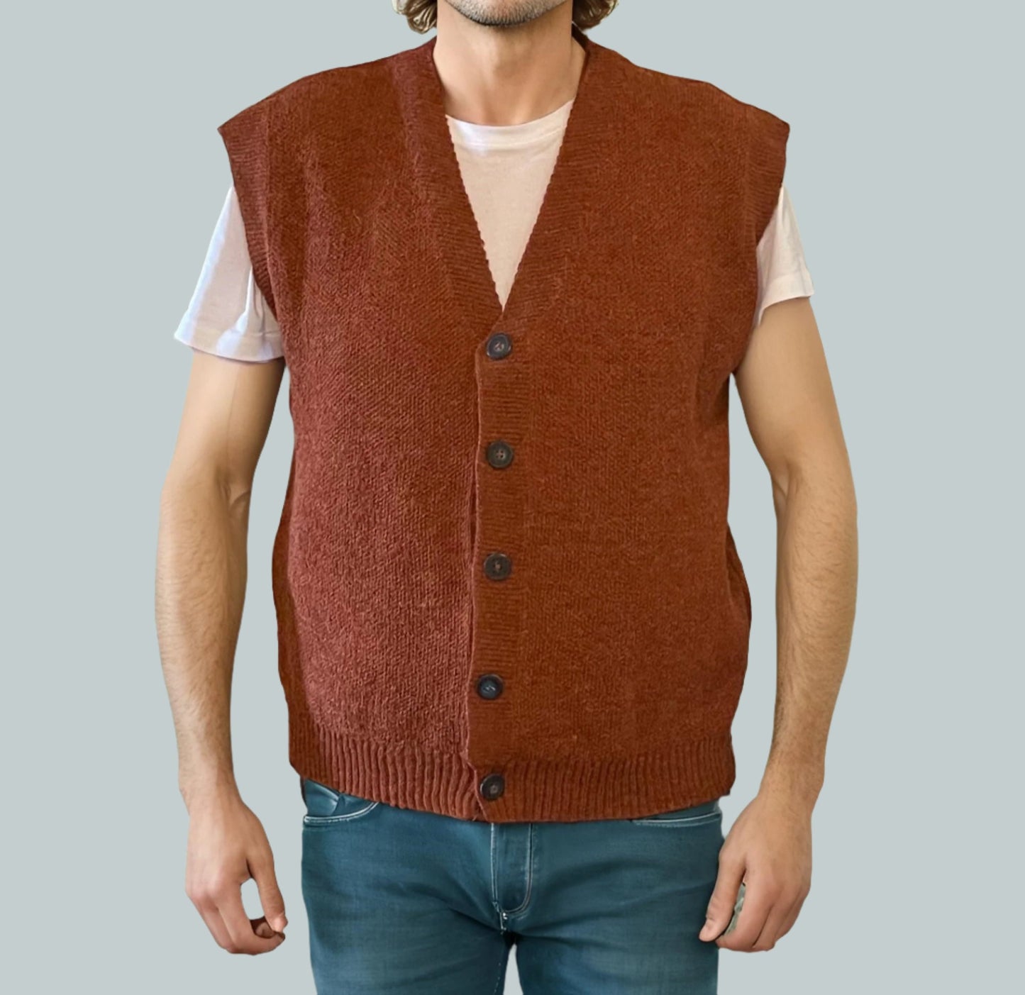 Alpaca Vest for Men Jacquard Pattern in Terracotta