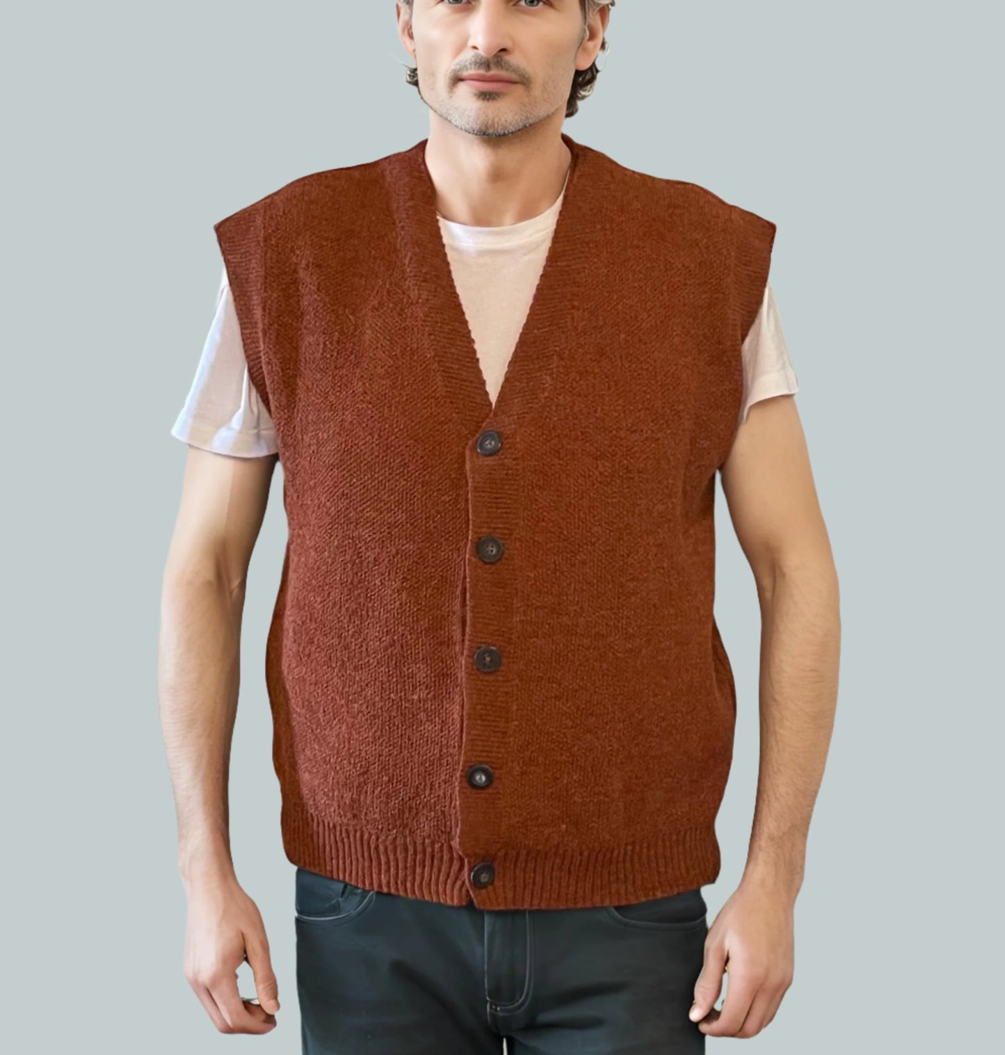 Alpaca Vest for Men Jacquard Pattern in Terracotta