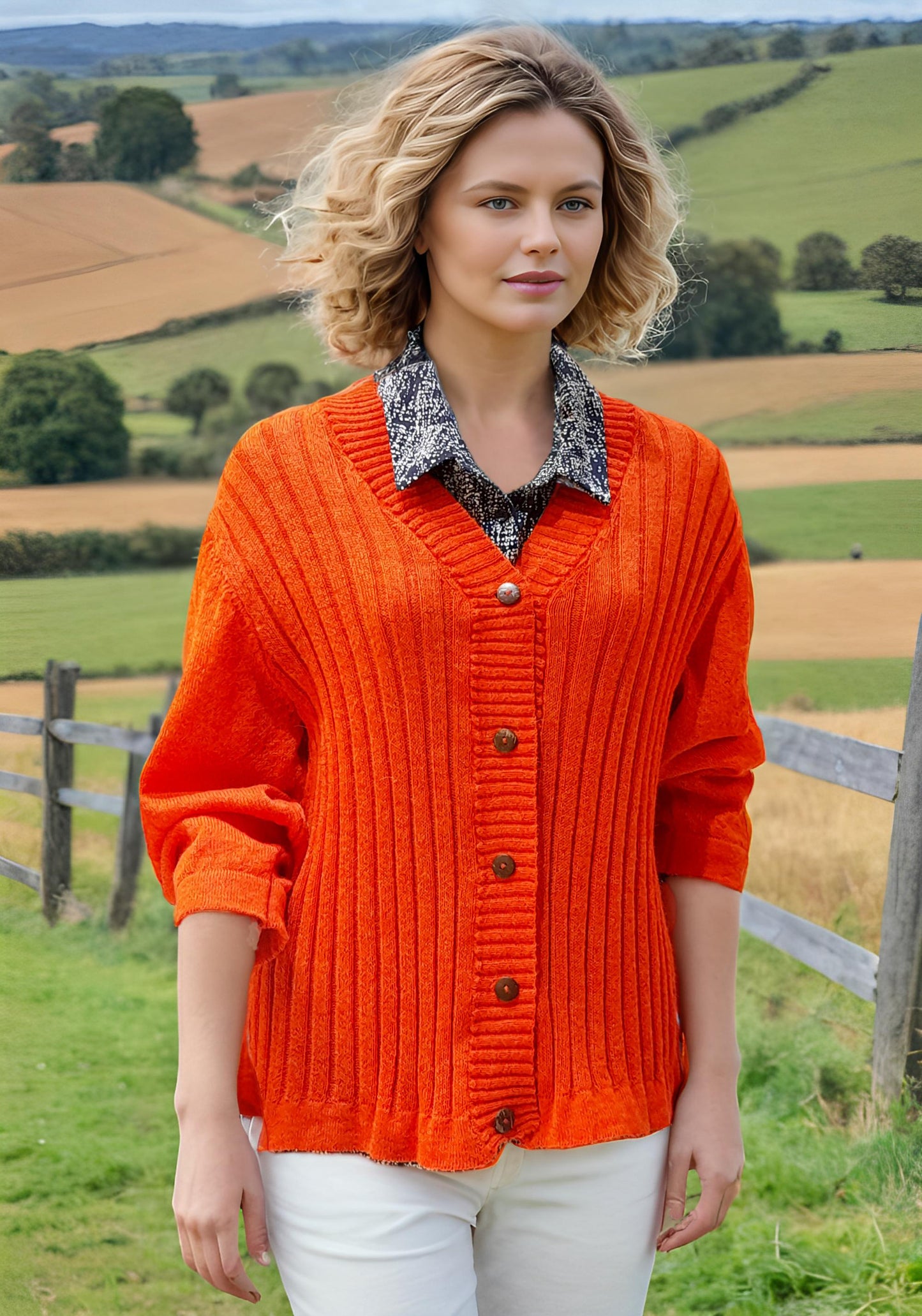 Alpaca Light 3/4 Sleeve Cardigan Orange