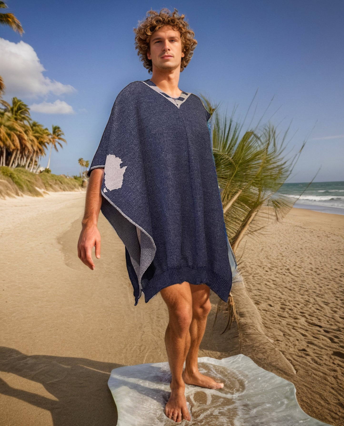 Australian Alpaca Unisex Thick Poncho Byron Bay Design Blue