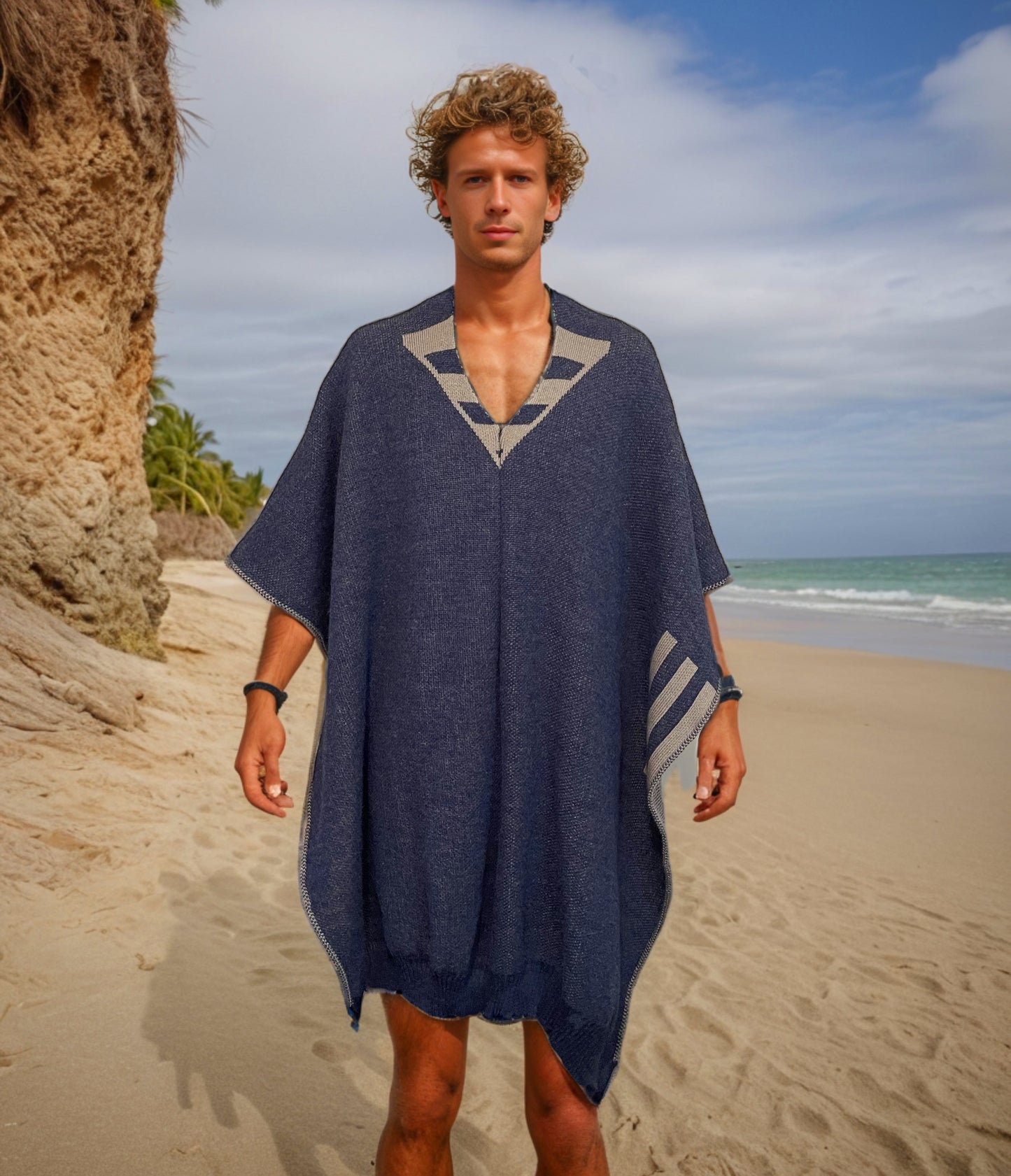 Australian Alpaca Unisex Thick Poncho Byron Bay Design Blue