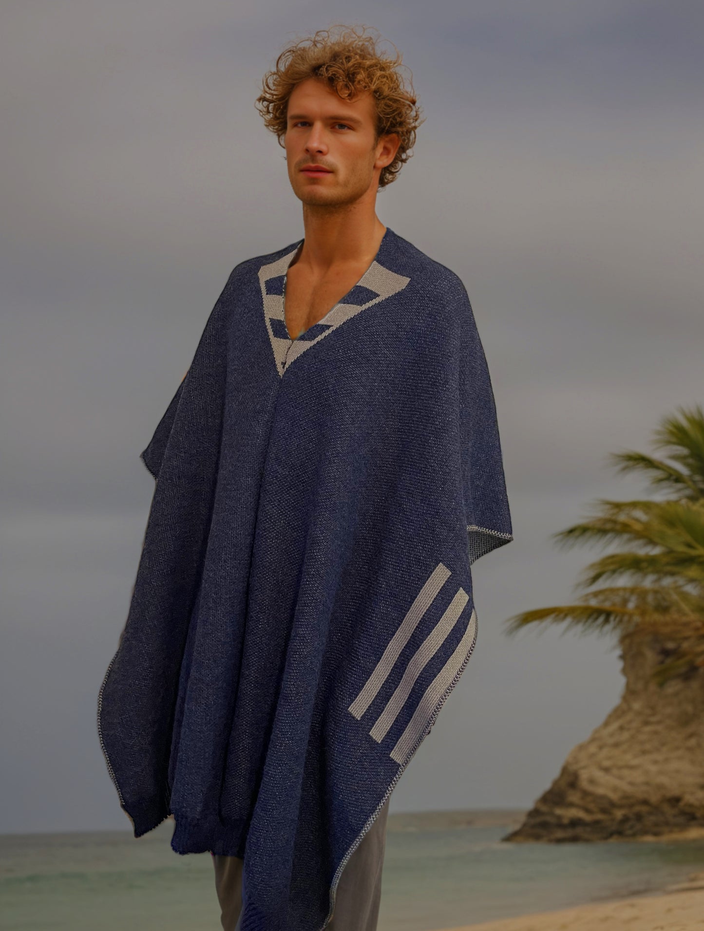 Australian Alpaca Unisex Thick Poncho Byron Bay Design Blue