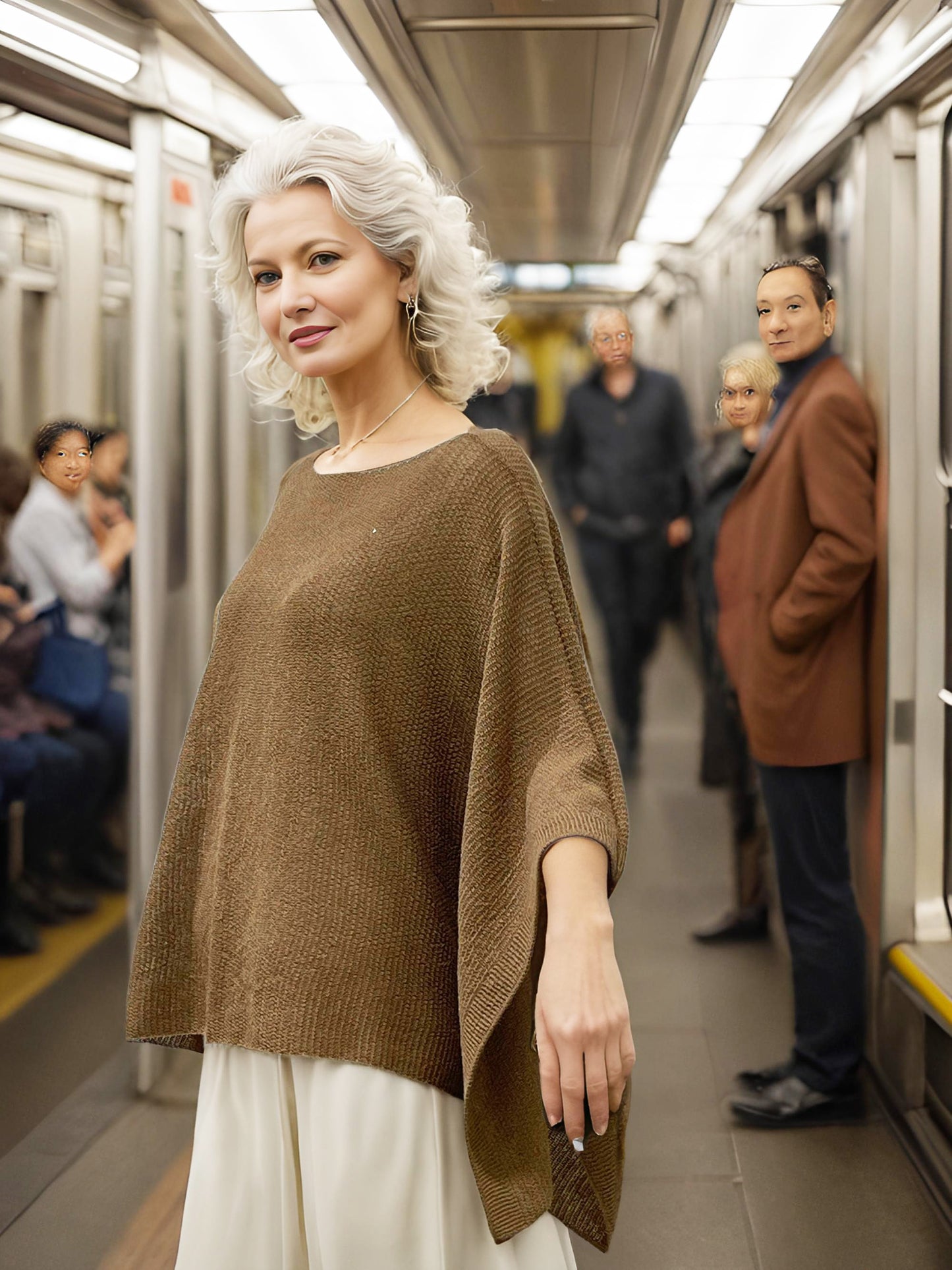 Alpaca Light Knit Poncho Rice Grain Natural Camel