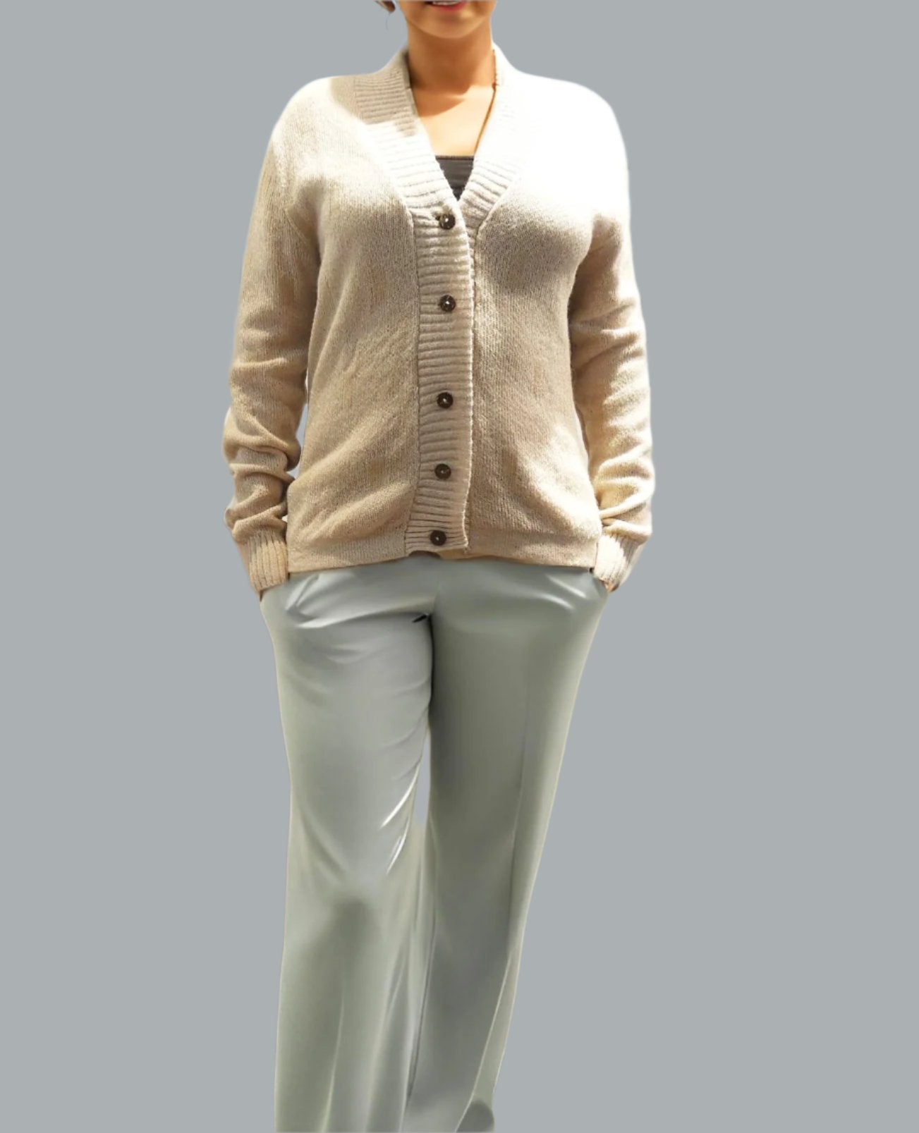 Alpaca Button-Down Cropped Beige Cardigan