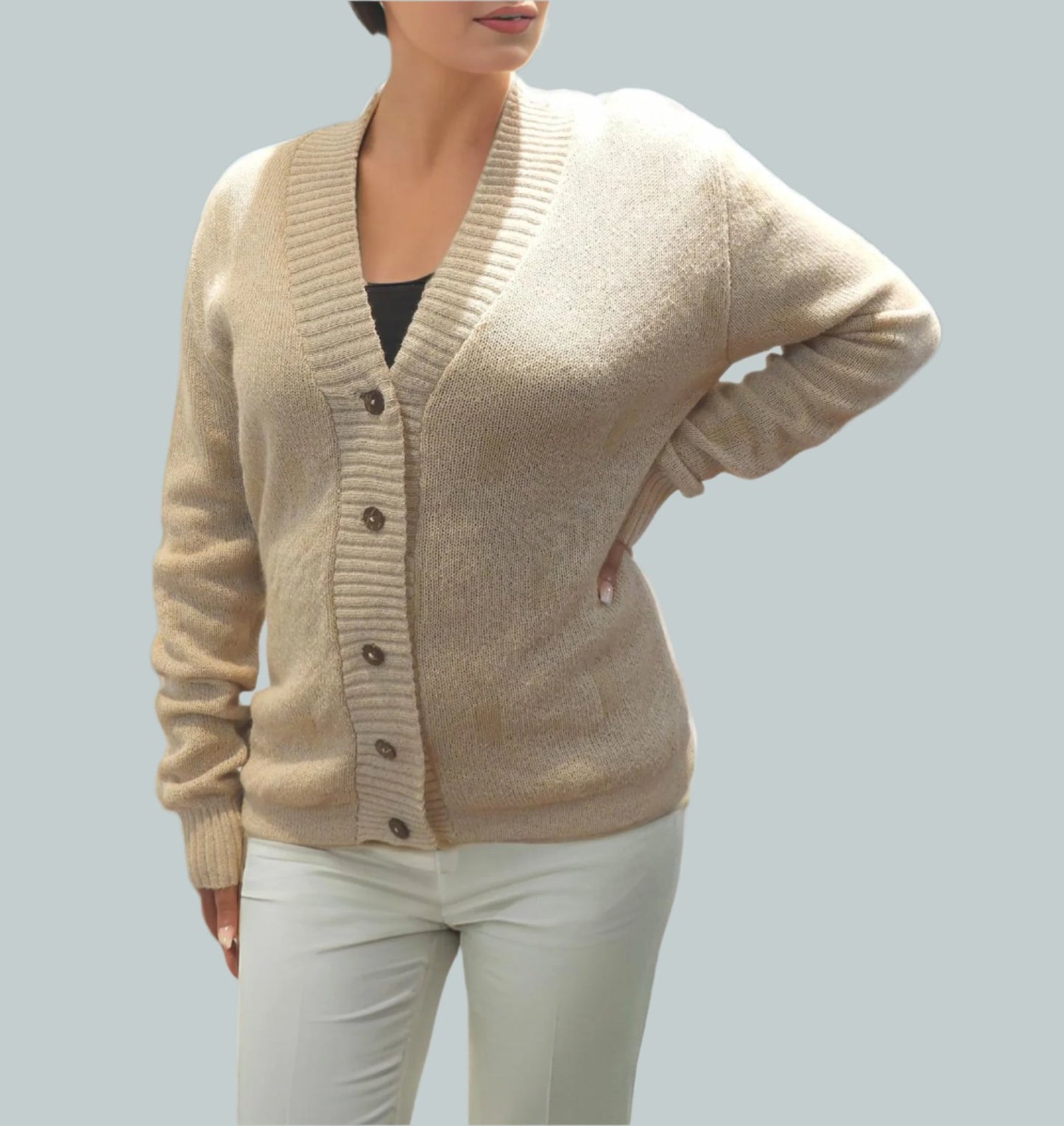 Alpaca Button-Down Cropped Beige Cardigan