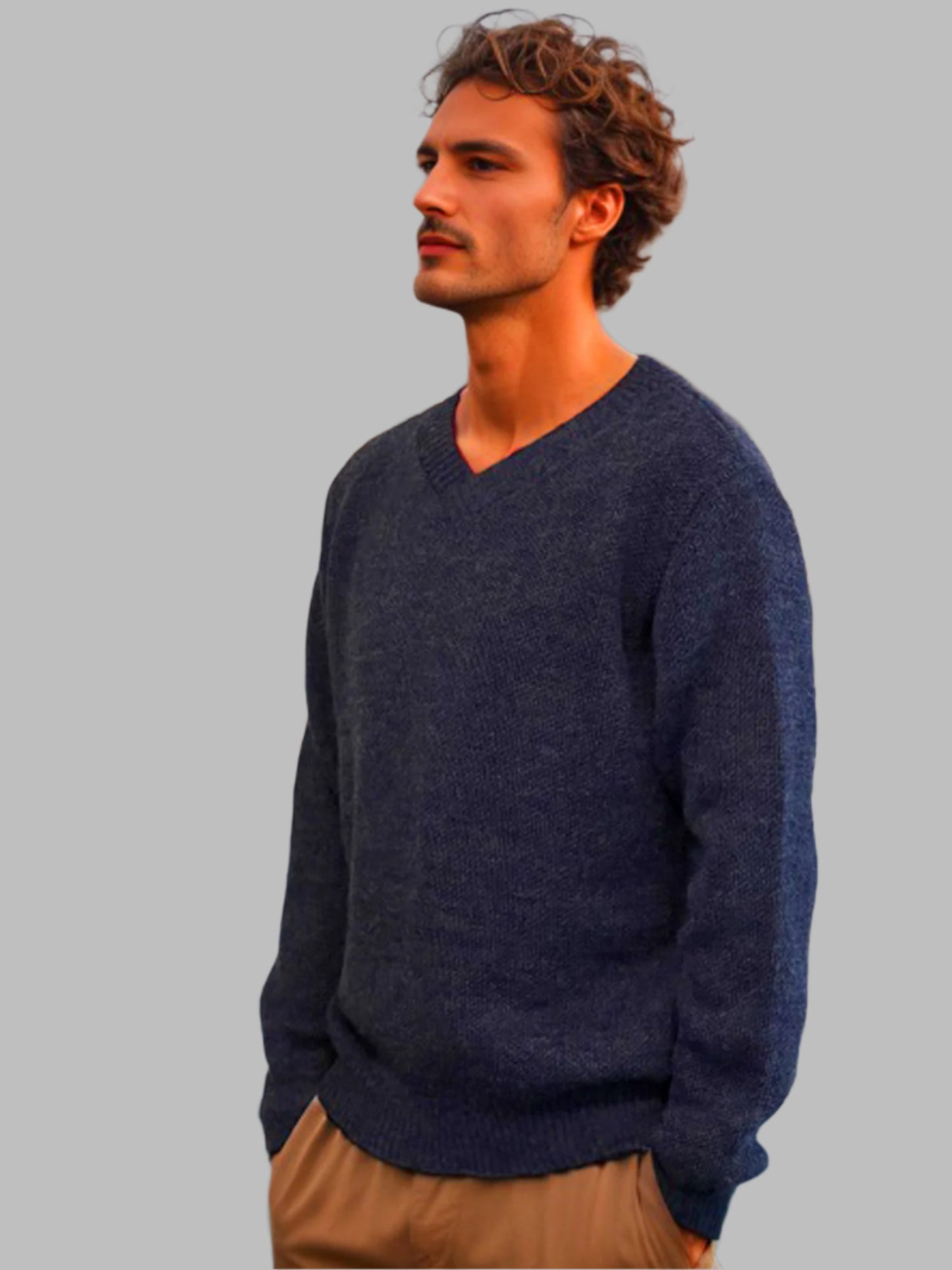 Alpaca Classic Jacquard Sweater Men V-Neck Blue