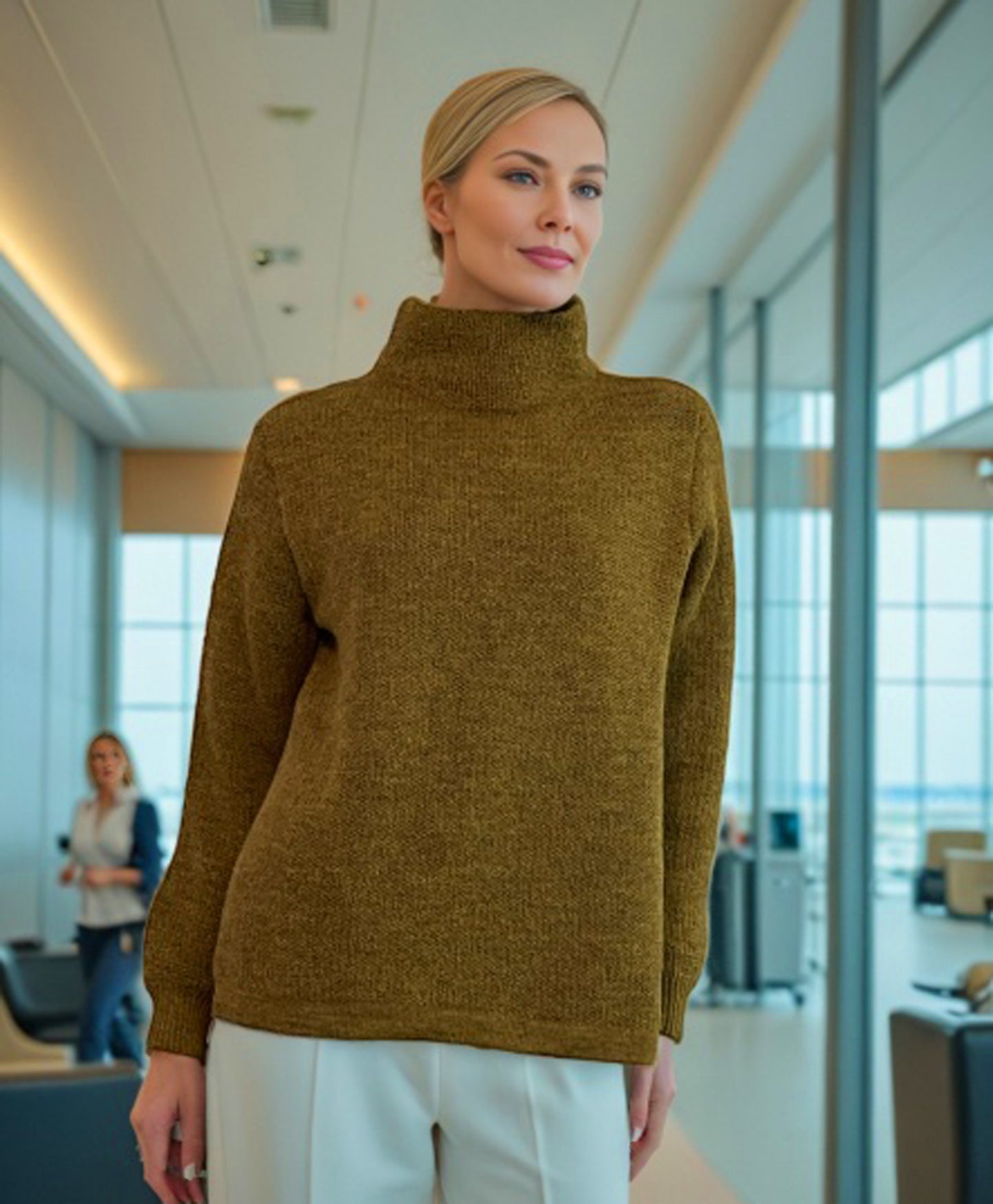 Alpaca Women’s High Neck Jacquard Knit Mustard