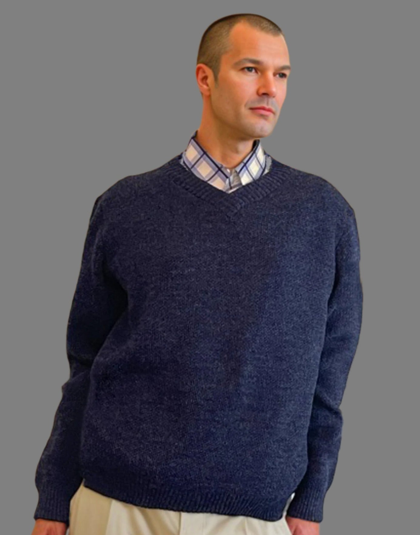 Alpaca Classic Jacquard Sweater Men V-Neck Blue