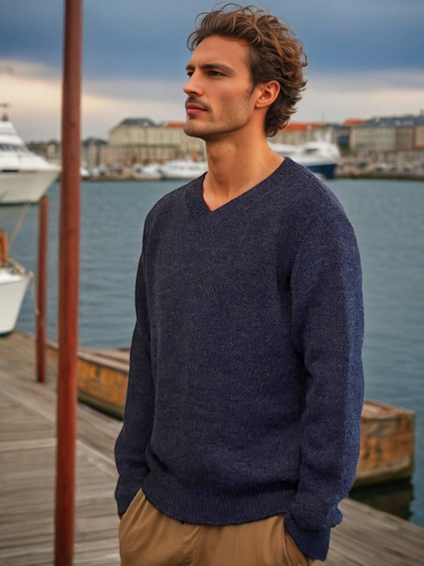 Alpaca Classic Jacquard Sweater Men V-Neck Blue