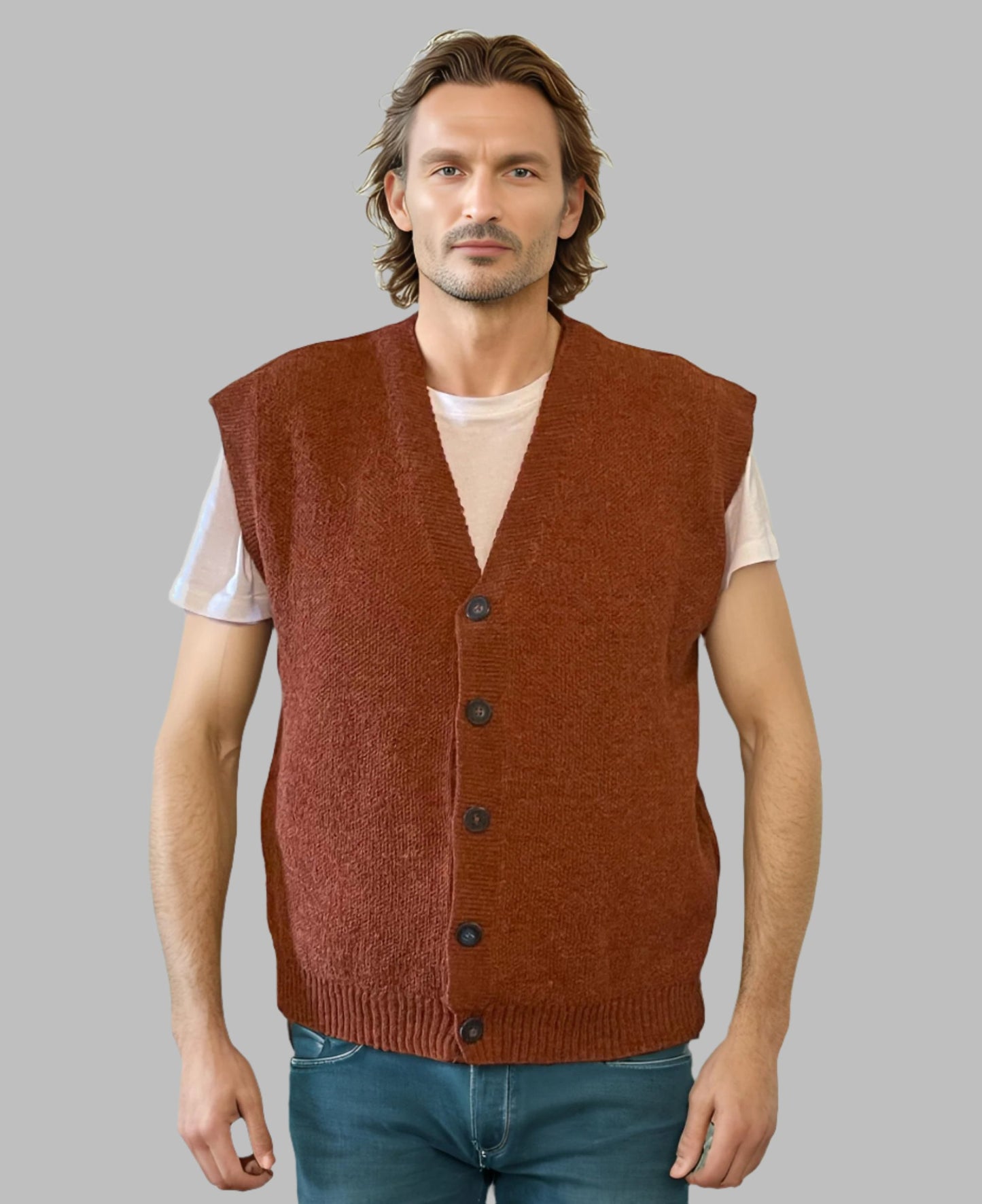 Alpaca Vest for Men Jacquard Pattern in Terracotta